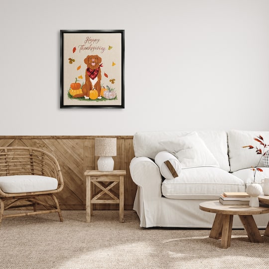 Stupell Industries Happy Thanksgiving Pumpkins Dog Framed Floater Canvas Wall Art